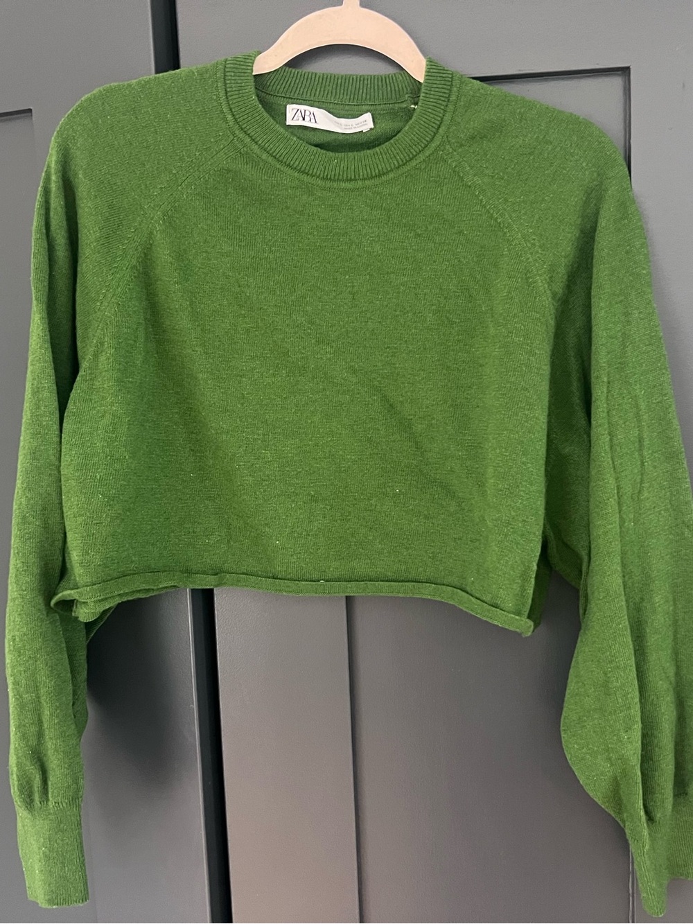 Zara Olive Green Cropped Crewneck Sweatshirt